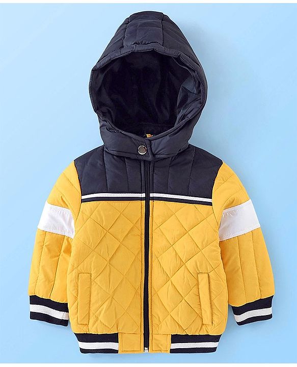 Babyhug Full Sleeves Padded Winter Jacket With Hood & Color Block Design - Yellow & Navy