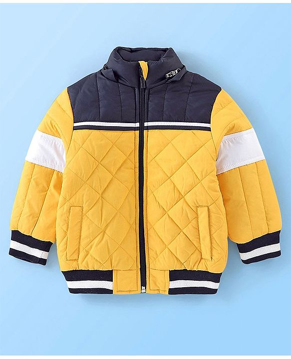 Babyhug Full Sleeves Padded Winter Jacket With Hood & Color Block Design - Yellow & Navy
