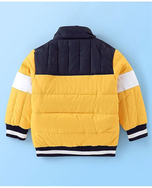 Babyhug Full Sleeves Padded Winter Jacket With Hood & Color Block Design - Yellow & Navy