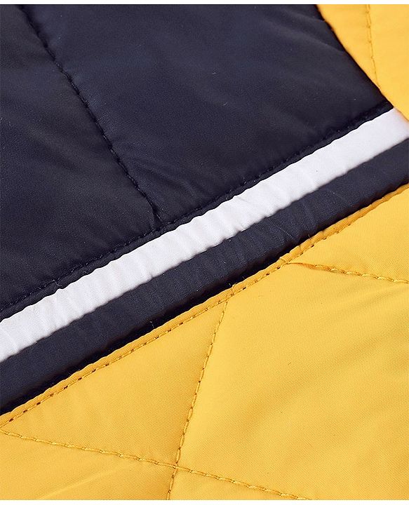 Babyhug Full Sleeves Padded Winter Jacket With Hood & Color Block Design - Yellow & Navy