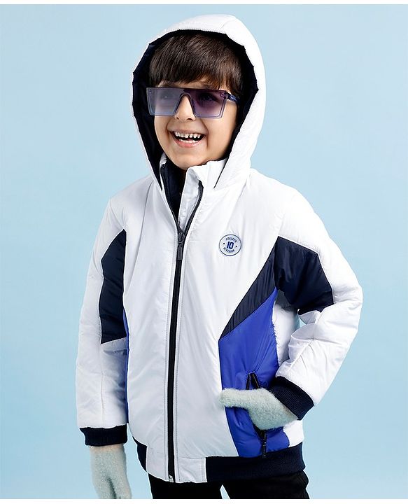 Babyhug Full Sleeves Hoodies With Color Block Design - Off White & Navy Blue