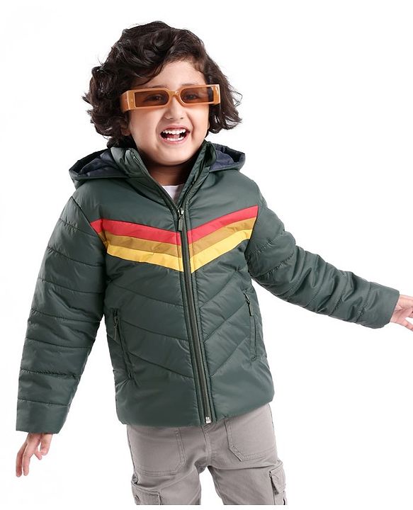 Babyhug Woven Full Sleeves Striped Hooded Jacket - Petrol