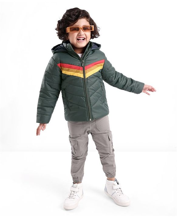 Babyhug Woven Full Sleeves Striped Hooded Jacket - Petrol