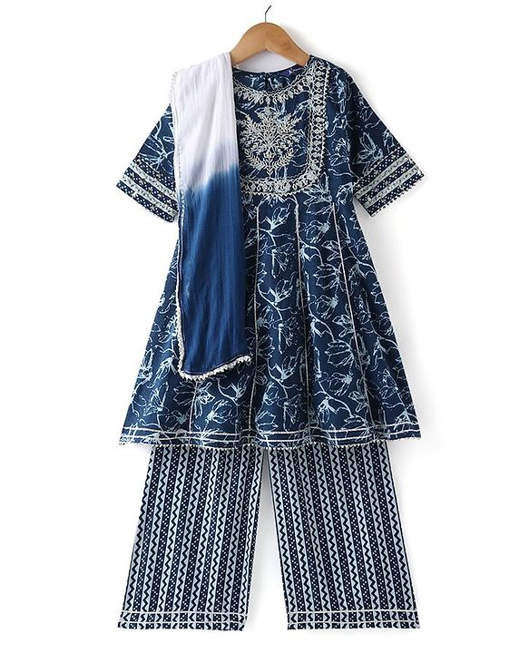 Pine Kids Cotton Three Fourth Sleeves Embroidered Kurti & Salwar Set with Dupatta - Navy