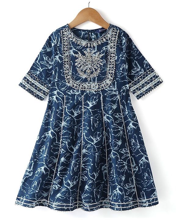 Pine Kids Cotton Three Fourth Sleeves Embroidered Kurti & Salwar Set with Dupatta - Navy