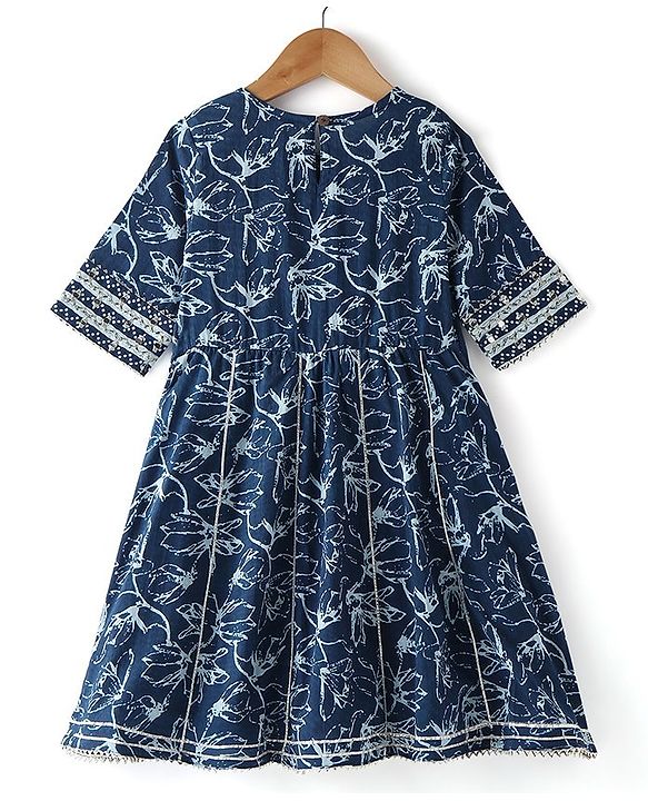 Pine Kids Cotton Three Fourth Sleeves Embroidered Kurti & Salwar Set with Dupatta - Navy