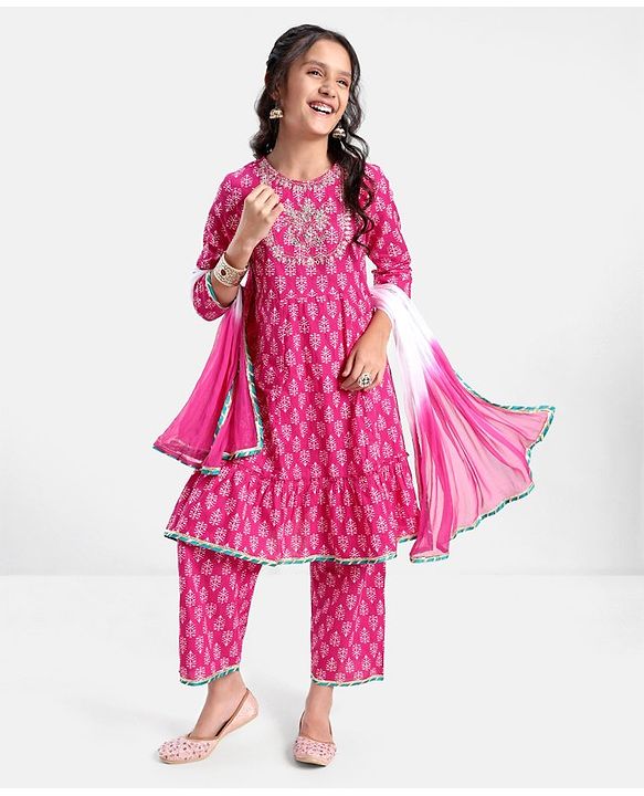 Pine Kids 100% Cotton Woven Three Fourth Sleeves Kurti & Salwar Set with Dupatta Floral Embroidery & Print - Pink