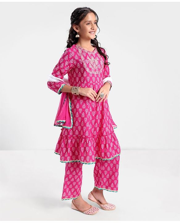 Pine Kids 100% Cotton Woven Three Fourth Sleeves Kurti & Salwar Set with Dupatta Floral Embroidery & Print - Pink