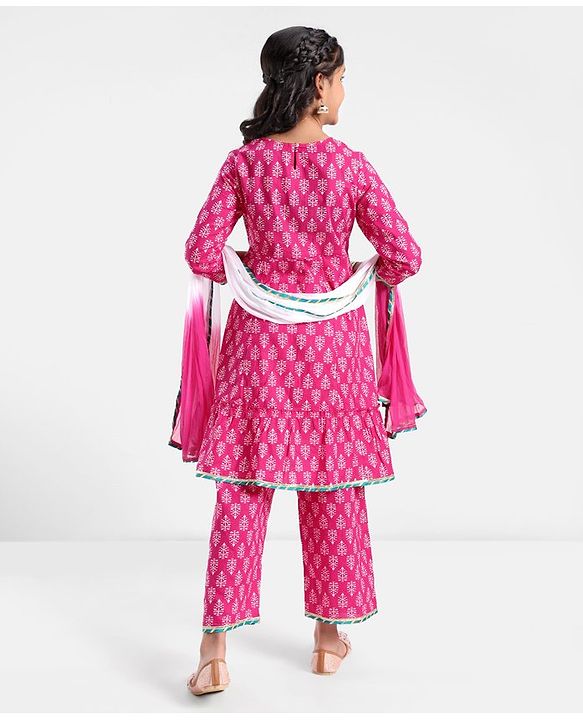 Pine Kids 100% Cotton Woven Three Fourth Sleeves Kurti & Salwar Set with Dupatta Floral Embroidery & Print - Pink