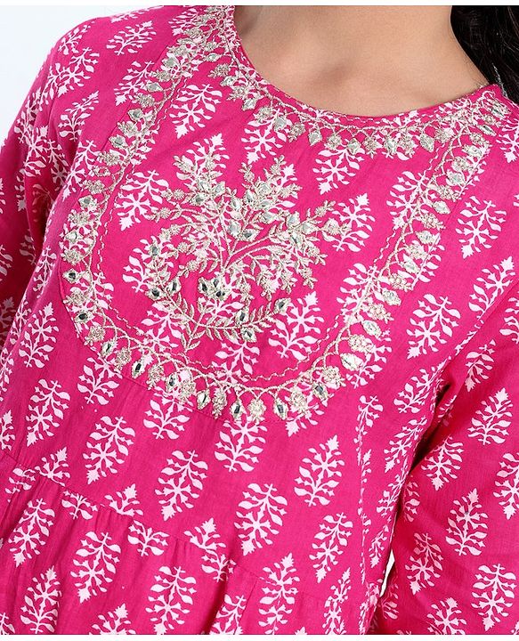 Pine Kids 100% Cotton Woven Three Fourth Sleeves Kurti & Salwar Set with Dupatta Floral Embroidery & Print - Pink