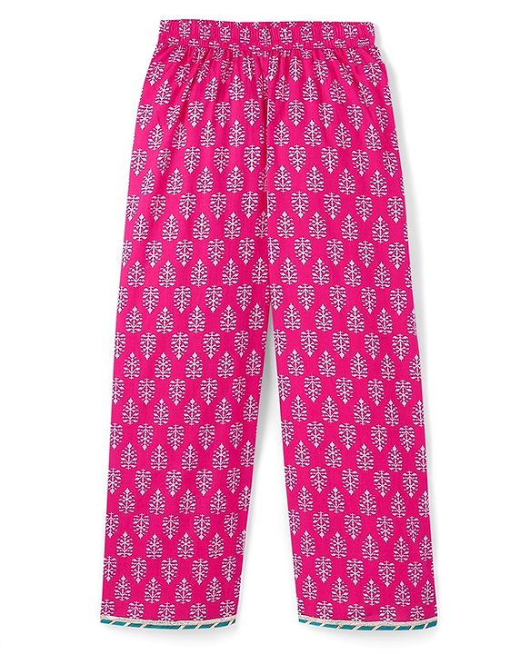 Pine Kids 100% Cotton Woven Three Fourth Sleeves Kurti & Salwar Set with Dupatta Floral Embroidery & Print - Pink