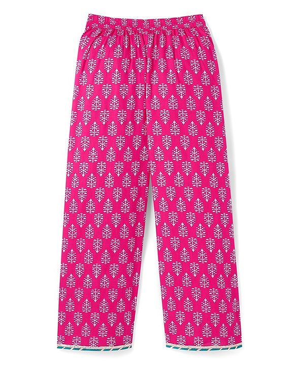 Pine Kids 100% Cotton Woven Three Fourth Sleeves Kurti & Salwar Set with Dupatta Floral Embroidery & Print - Pink