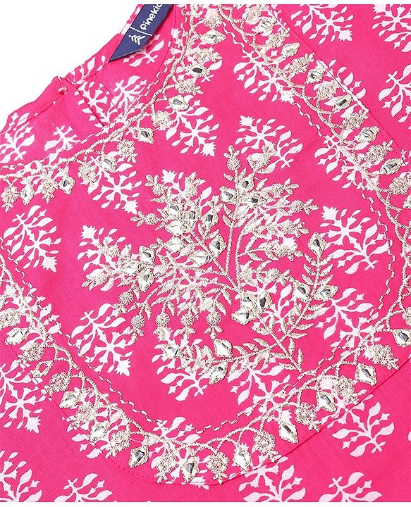 Pine Kids 100% Cotton Woven Three Fourth Sleeves Kurti & Salwar Set with Dupatta Floral Embroidery & Print - Pink