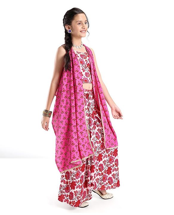 Pine Kids Cotton Sleeveless Choli & Alol Lehenga Set with Shrugi Floral Print - Pink