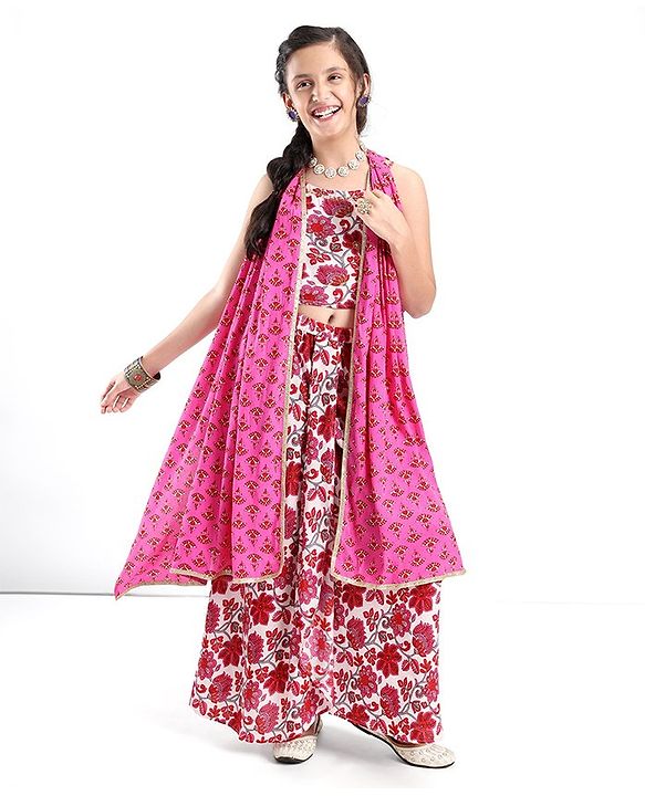 Pine Kids Cotton Sleeveless Choli & Alol Lehenga Set with Shrugi Floral Print - Pink