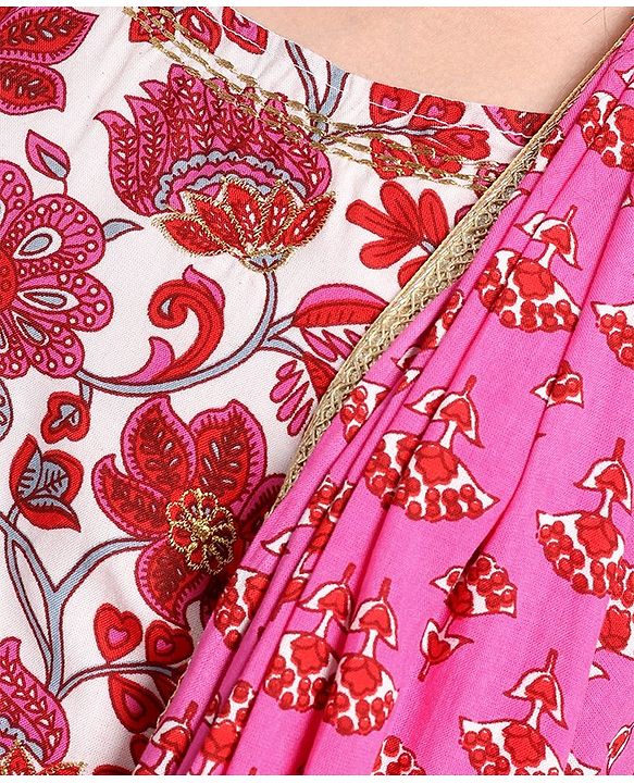 Pine Kids Cotton Sleeveless Choli & Alol Lehenga Set with Shrugi Floral Print - Pink