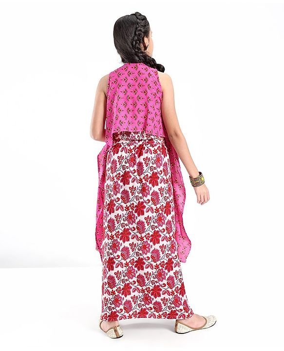 Pine Kids Cotton Sleeveless Choli & Alol Lehenga Set with Shrugi Floral Print - Pink