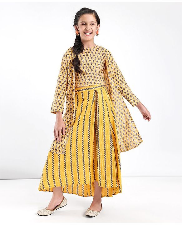 Pine Kids 100% Cotton Woven Three Forth Sleeves Floral Printed Choli Lehenga  Set- Mustard