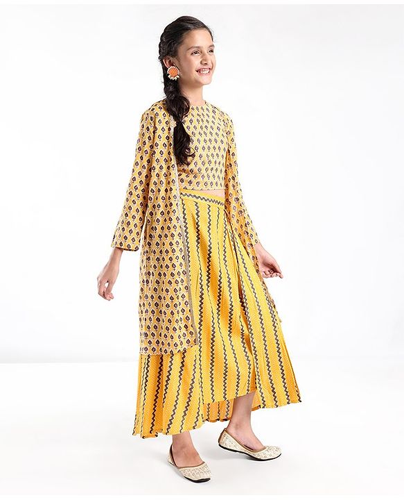 Pine Kids 100% Cotton Woven Three Forth Sleeves Floral Printed Choli Lehenga  Set- Mustard