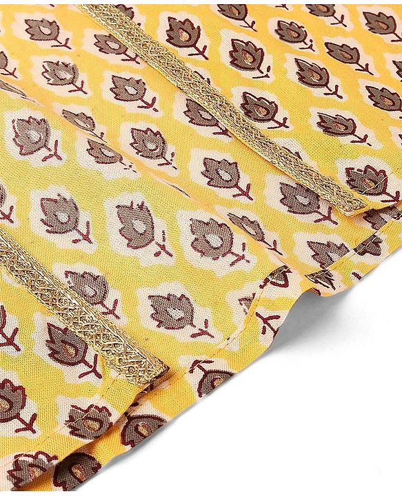 Pine Kids 100% Cotton Woven Three Forth Sleeves Floral Printed Choli Lehenga  Set- Mustard