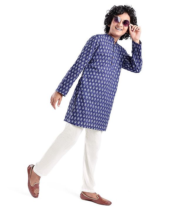 Pine Kids 100% Cotton Full Sleeves All Over Floral Printed Kurta Pyjama Set - Navy Blue