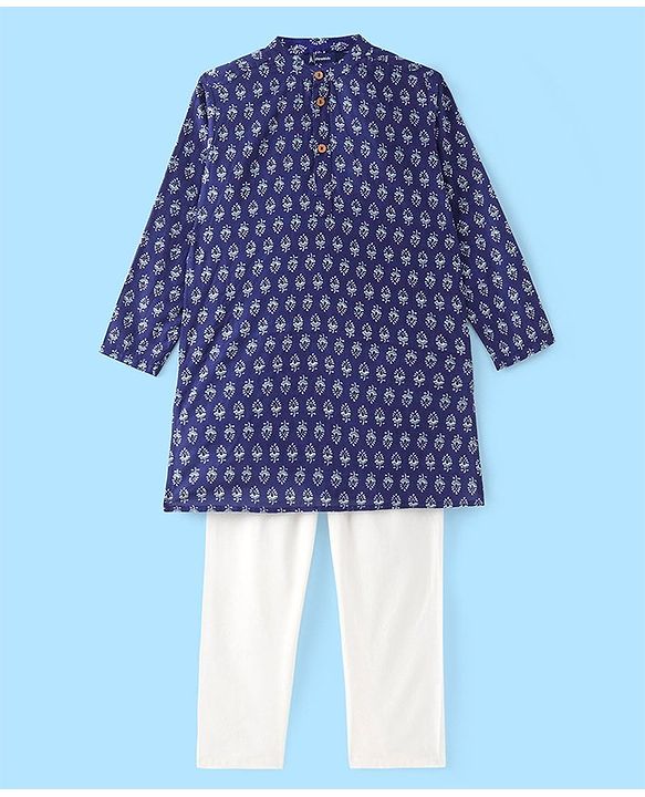 Pine Kids 100% Cotton Full Sleeves All Over Floral Printed Kurta Pyjama Set - Navy Blue
