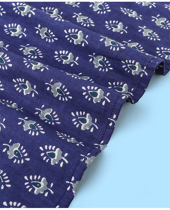 Pine Kids 100% Cotton Full Sleeves All Over Floral Printed Kurta Pyjama Set - Navy Blue