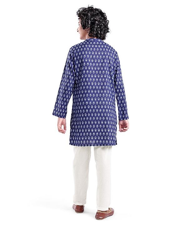 Pine Kids 100% Cotton Full Sleeves All Over Floral Printed Kurta Pyjama Set - Navy Blue