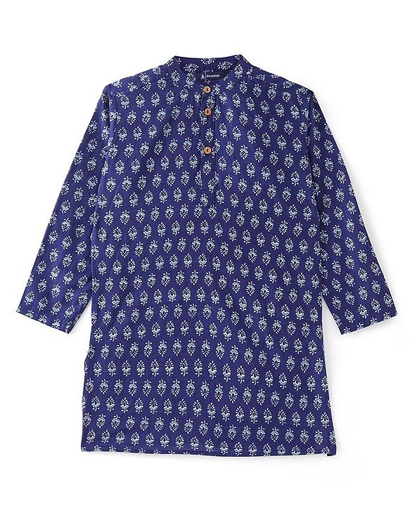 Pine Kids 100% Cotton Full Sleeves All Over Floral Printed Kurta Pyjama Set - Navy Blue
