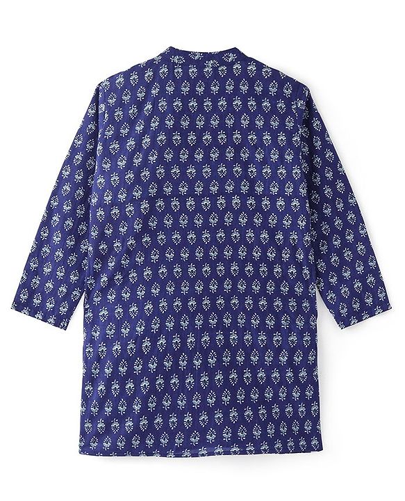 Pine Kids 100% Cotton Full Sleeves All Over Floral Printed Kurta Pyjama Set - Navy Blue