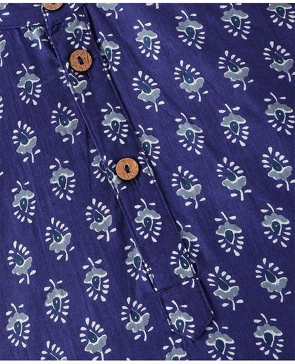 Pine Kids 100% Cotton Full Sleeves All Over Floral Printed Kurta Pyjama Set - Navy Blue