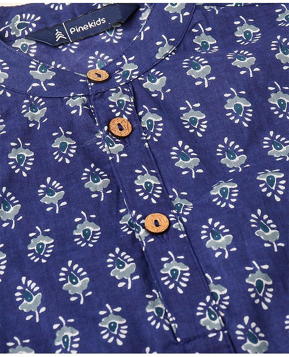 Pine Kids 100% Cotton Full Sleeves All Over Floral Printed Kurta Pyjama Set - Navy Blue