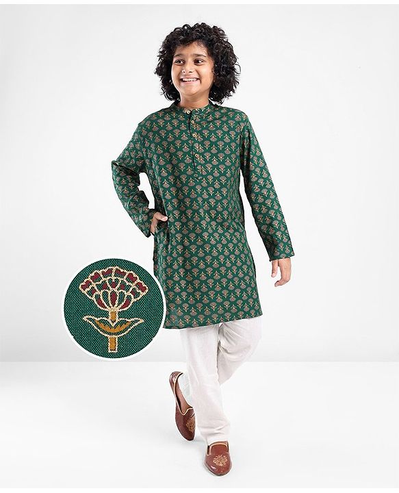 Pine Kids 100 % Cotton Woven Full Sleeves Foil Printed    Kurta & Pajama Set - Green