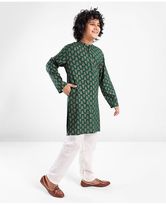 Pine Kids 100 % Cotton Woven Full Sleeves Foil Printed    Kurta & Pajama Set - Green