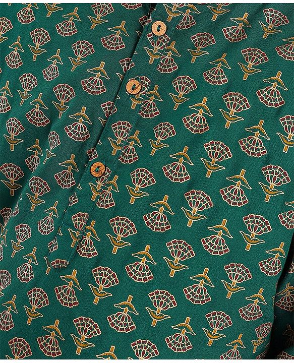 Pine Kids 100 % Cotton Woven Full Sleeves Foil Printed    Kurta & Pajama Set - Green
