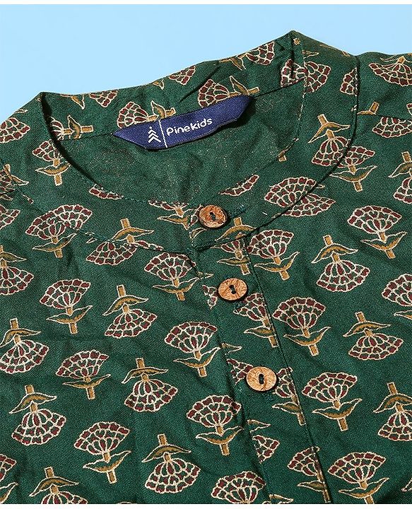 Pine Kids 100 % Cotton Woven Full Sleeves Foil Printed    Kurta & Pajama Set - Green