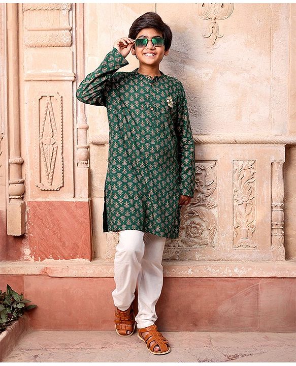 Pine Kids 100 % Cotton Woven Full Sleeves Foil Printed    Kurta & Pajama Set - Green