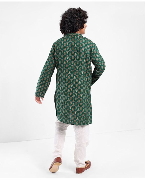 Pine Kids 100 % Cotton Woven Full Sleeves Foil Printed    Kurta & Pajama Set - Green