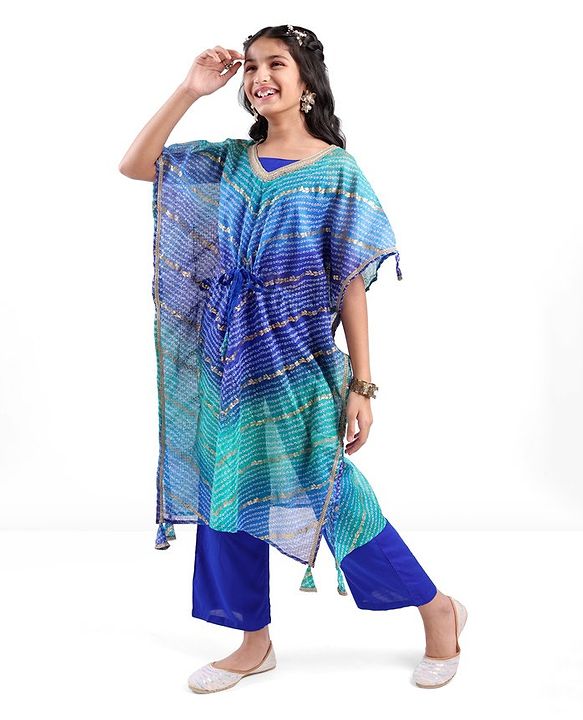 Pine Kids Woven Top Palzzo & Kaftan Set All Over Print - Blue