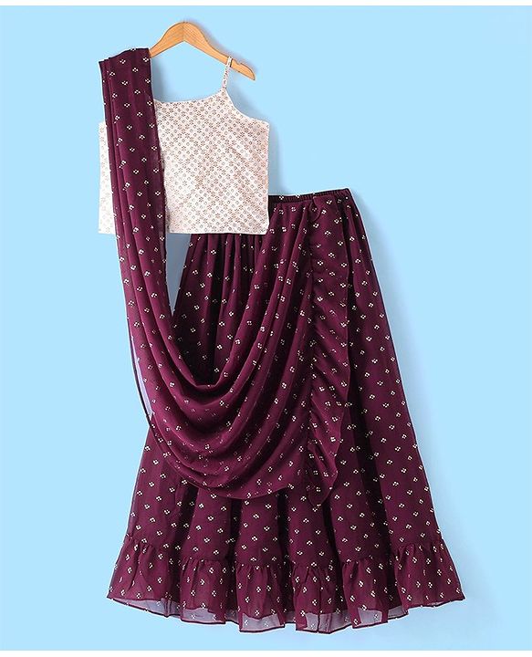 Pine Kids Sleeveless Brocade Tiered Choli Lehanga  Set - Plum
