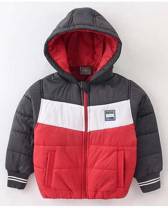 Little Kangaroos Full Sleeves Padded Hooded Winter Jacket Color Block Red Black