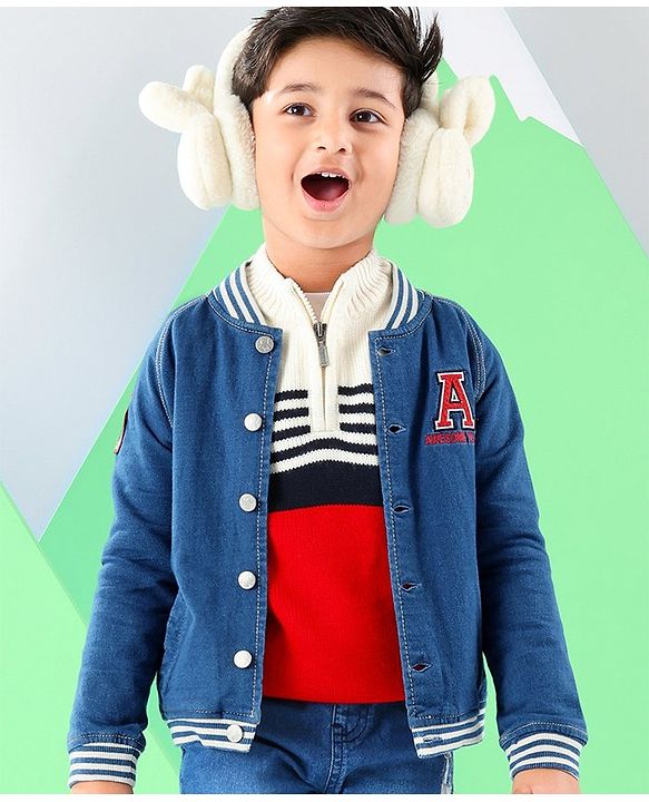 Babyhug 100% Cotton Full Sleeves  Denim Jackets With Pockets & Text Embroidered - Blue