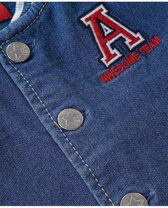 Babyhug 100% Cotton Full Sleeves  Denim Jackets With Pockets & Text Embroidered - Blue