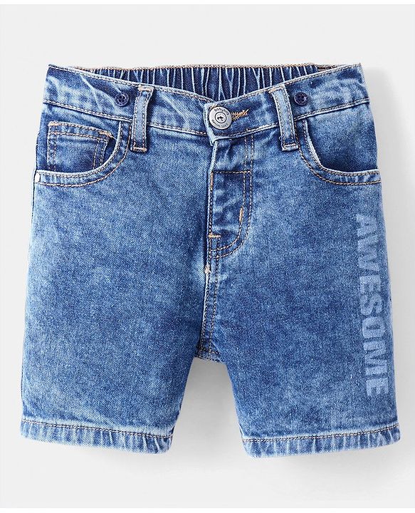 Babyhug Cotton Spandex Knee Length Stretchable Washed Denim Shorts   Fly With Zipper -  Blue
