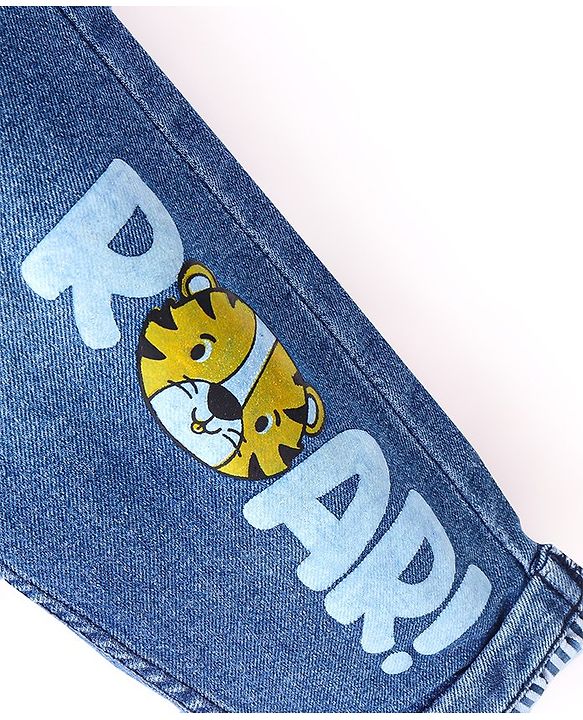 Babyhug Cotton Spandex Full Length Jeans With Stretch & Text Print - Blue