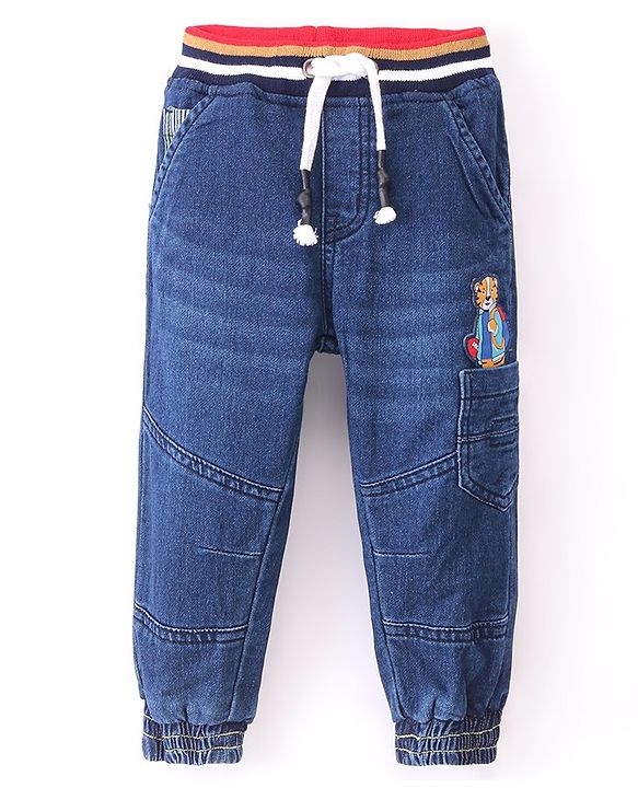 Babyhug Denim Full Length Washed Jogger With Stretch & Tiger Patch - Blue