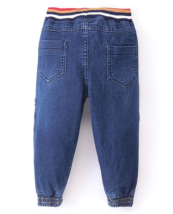Babyhug Denim Full Length Washed Jogger With Stretch & Tiger Patch - Blue