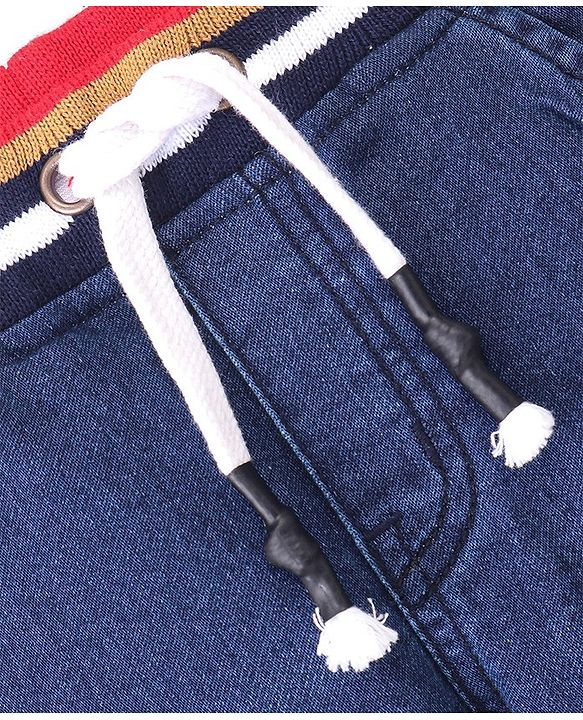Babyhug Denim Full Length Washed Jogger With Stretch & Tiger Patch - Blue