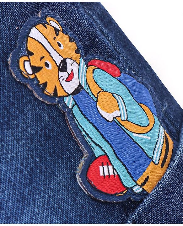 Babyhug Denim Full Length Washed Jogger With Stretch & Tiger Patch - Blue