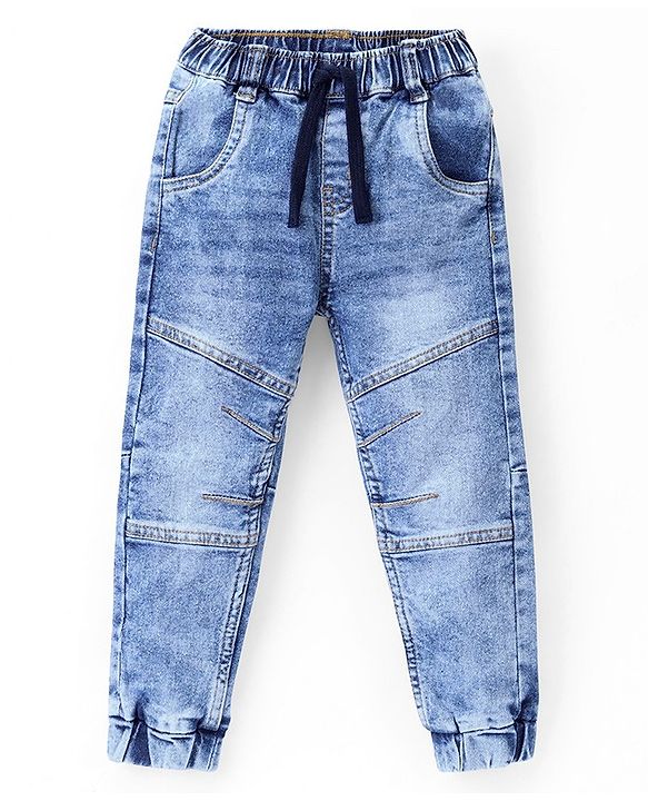 Babyhug Full Length Stretchable Washed Denim Joggers- Blue